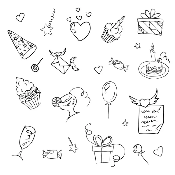 cumpleaños dibujados a mano dibujo iconos blanco — Vector stock ...