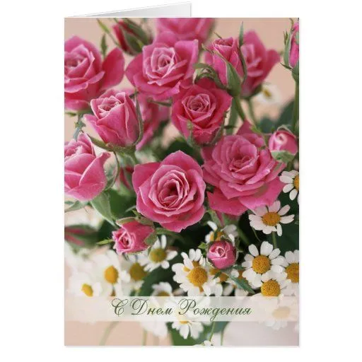 Cumpleaños ruso, rosas rojos y camomiles tarjeta | Zazzle