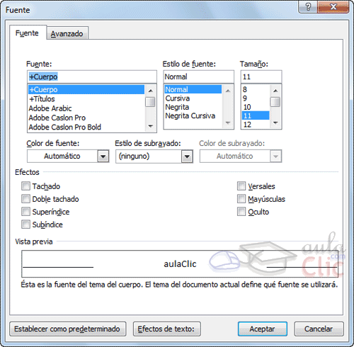 Curso gratis de Word 2010. aulaClic. 6 - Avanzado: Cuadro Fuente y ...