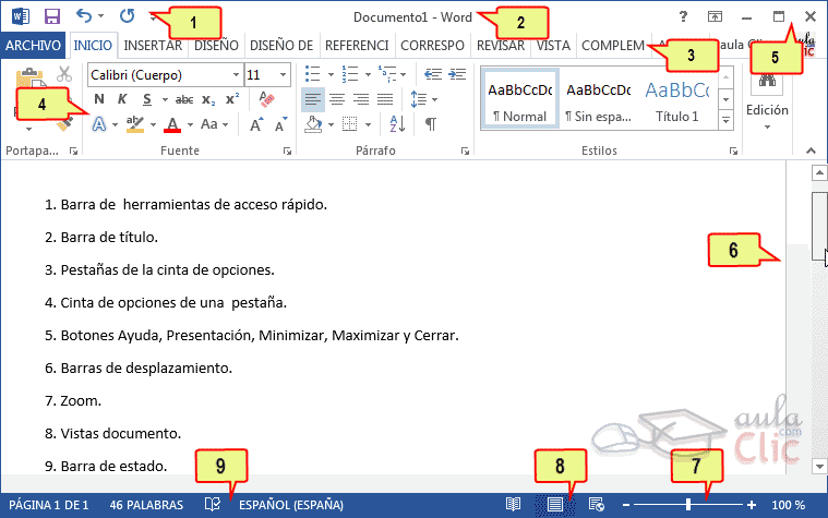 Curso gratis de Word 2013. aulaClic. 2 - El entorno de Word 2013
