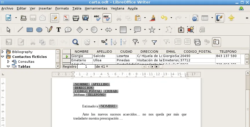 Curso de LibreOffice Writer. 10 - Combinar correspondencia