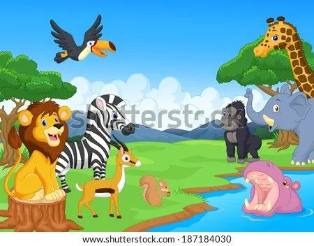 Cute African Safari Animal Cartoon Characters Scene Stock Vector ...