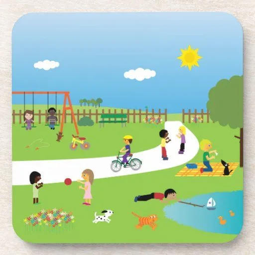 Cute Cartoon Children & Pets Playing In The Park Beverage Coaster ...