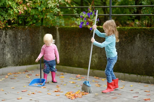 cute niñas barriendo seca las hojas en otoño — Foto stock ...