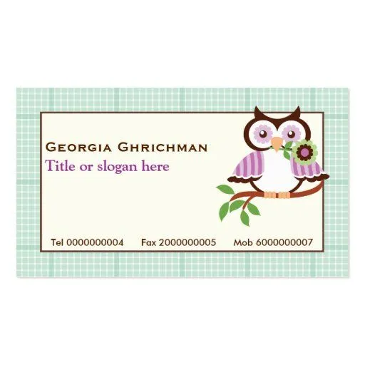 Cute spring owl with mint green plaid border business card ...