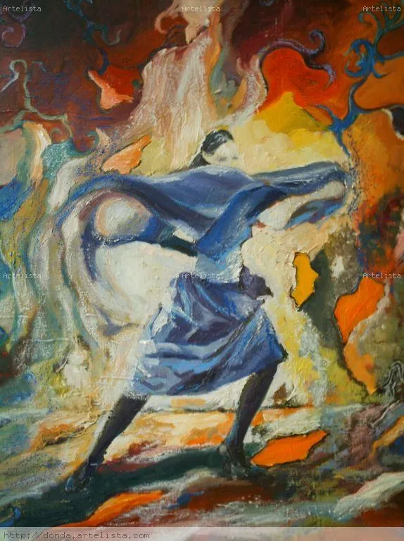 DANZA SOBRE FONDO NARANJA, ROJO Y AZUL CARLOS DONDA- Artelista.