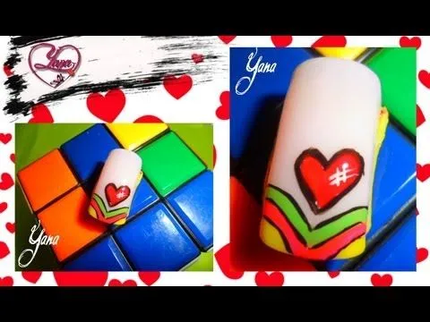 Decoración de uñas Amor y Amistad - Corazón y rayas de colores ...