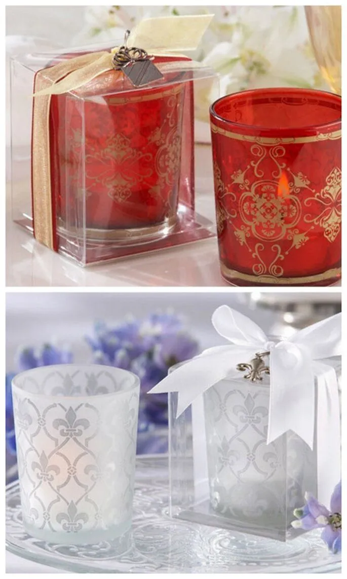 Decoración con velas y recuerdo de boda para invitados