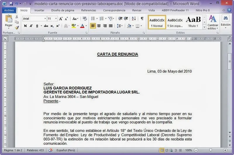 Descarga el modelo de carta de renuncia laboral (archivo word ...