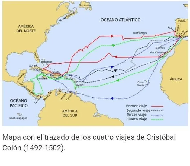 Dibujar el mapamundi con las líneas que siguen los recorridos de Cristobal  Colon durante sus cuatro viajes - Brainly.lat