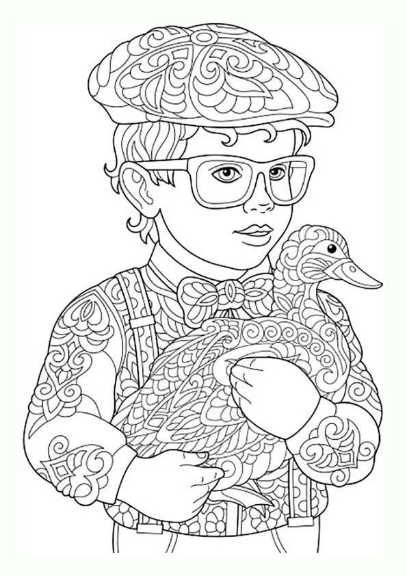 Dibujo para colorear mandala ilustración silueta niño con pato