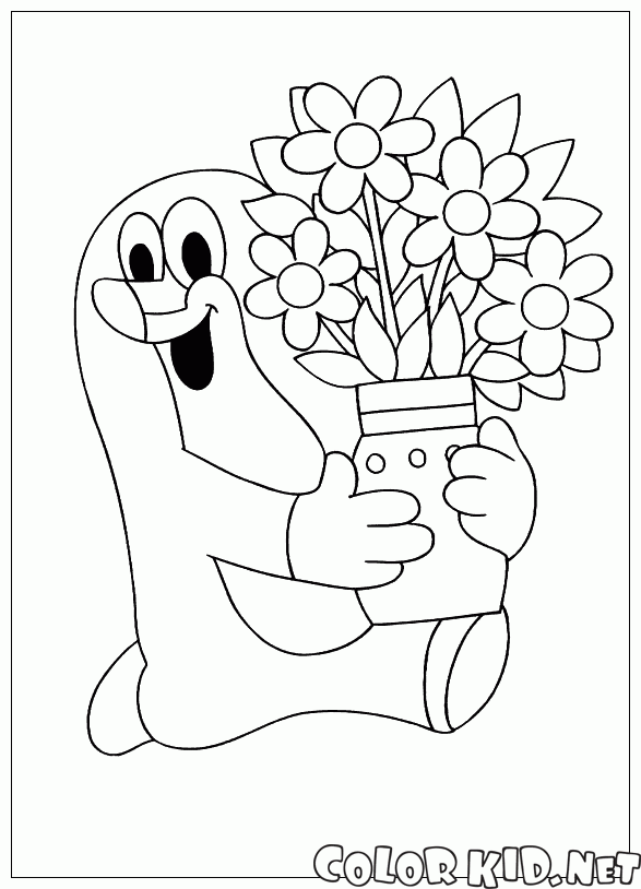 Dibujo para colorear - Mole con el florero