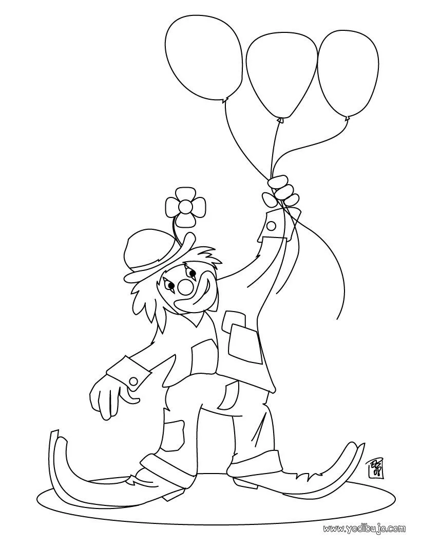 Dibujo para colorear PAYASO, payaso con 3 globos para imprimir