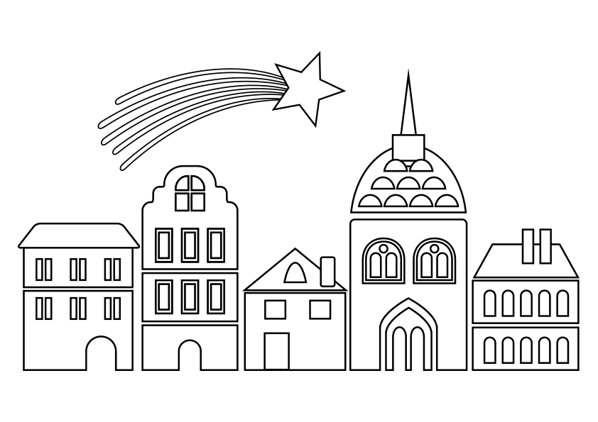 Dibujo para colorear un pueblo con la estrella de Navidad