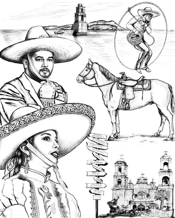 Dibujo para colorear de Villa del Carbon Estado de México Pueblo Magico  Charra - Etsy México