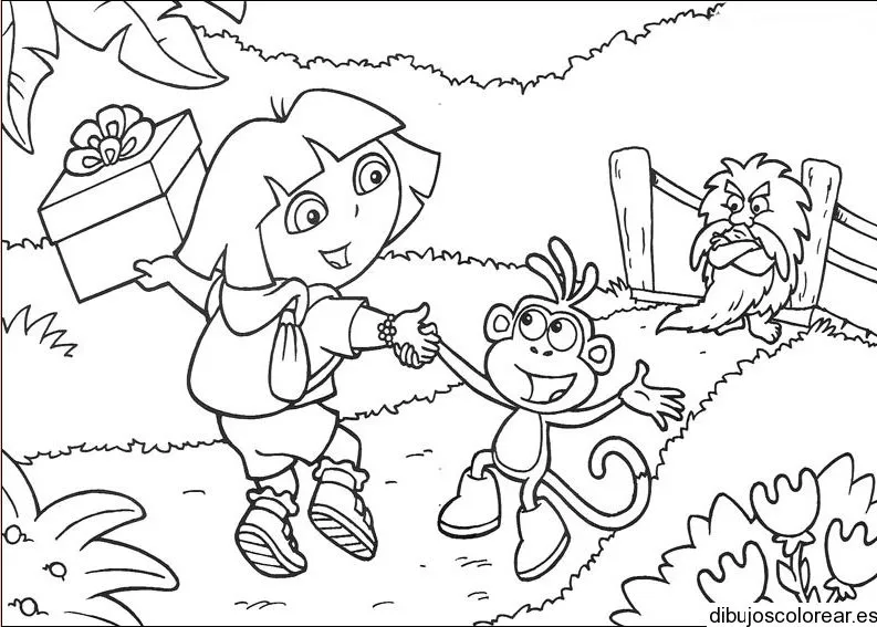 Dibujo de Dora la exploradora y un regalo | Dibujos para Colorear