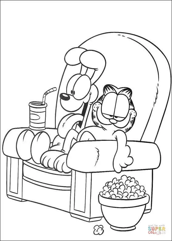 Dibujo de Garfield y Oddie viendo la tele mientras comen palomitas para  colorear | Dibujos para colorear imprimir gratis