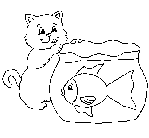 Dibujo de Gato y pez para Colorear - Dibujos.net