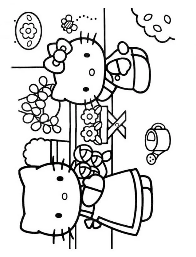 Dibujo hello kitty en el jardín - Dibujos HELLO KITTY para colorear