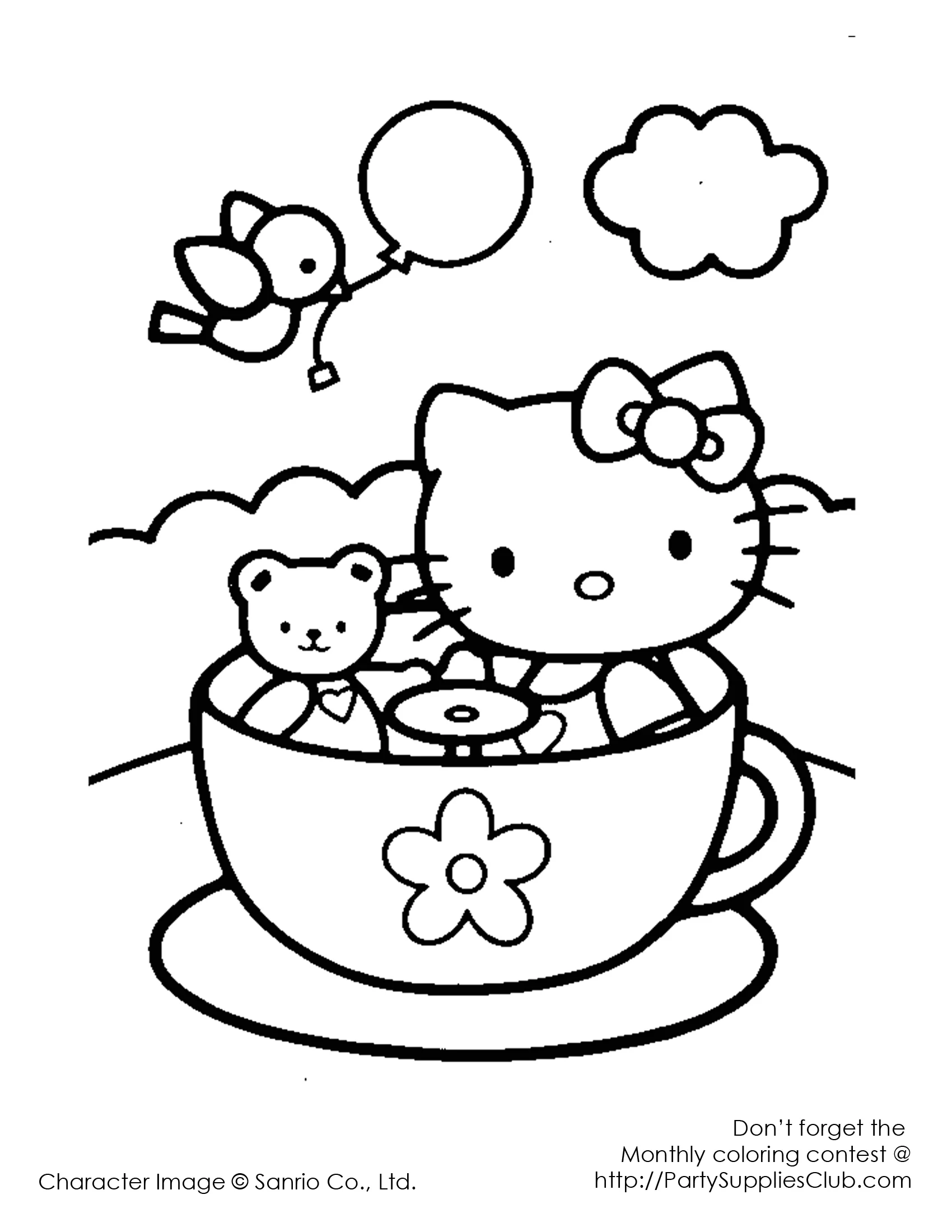 Dibujo para imprimir y colorear de Hello Kitty en las tazas locas de la  feria