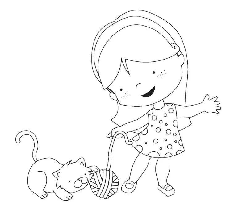 Dibujo para imprimir y colorear de una niña con gato