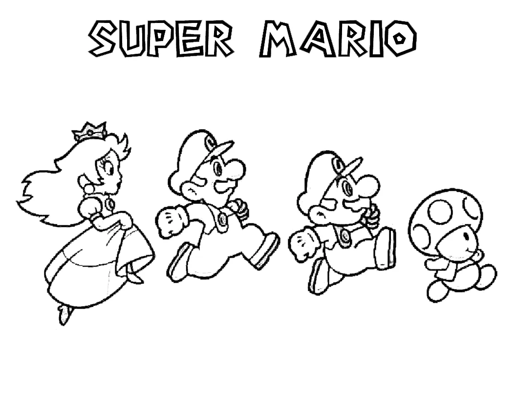 Dibujo para imprimir y colorear de Super Mario, Luigi, Princesa Peach y Toad