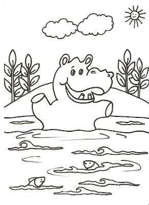  ... FOR KIDS: Dibujo para colorear de un hipopotamo jugando en el lago