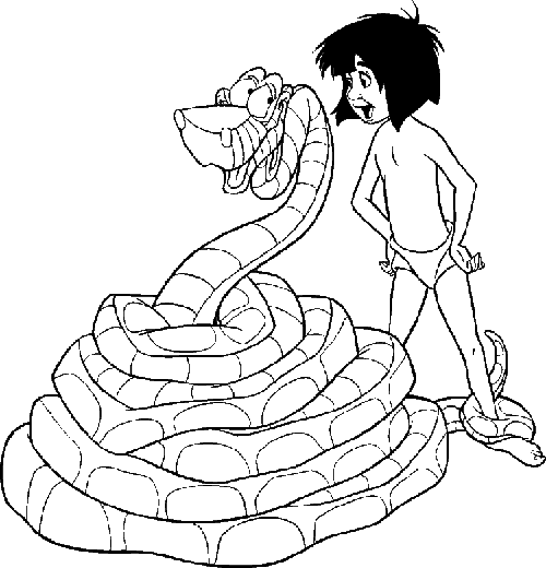 Dibujo de Malvada serpiente Kaa y Mowgli para pintar