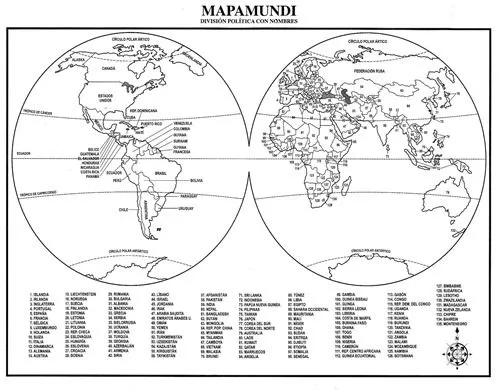 Mapamundi para colorear con nombres - Imagui