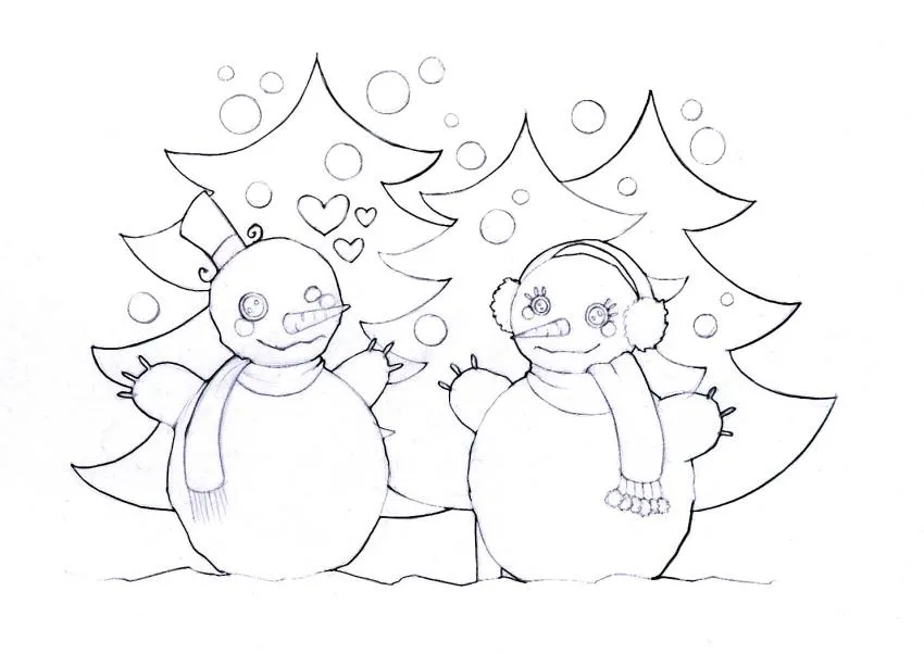 Dibujo de Navidad: Muñecos de nieve enamorados para colorear