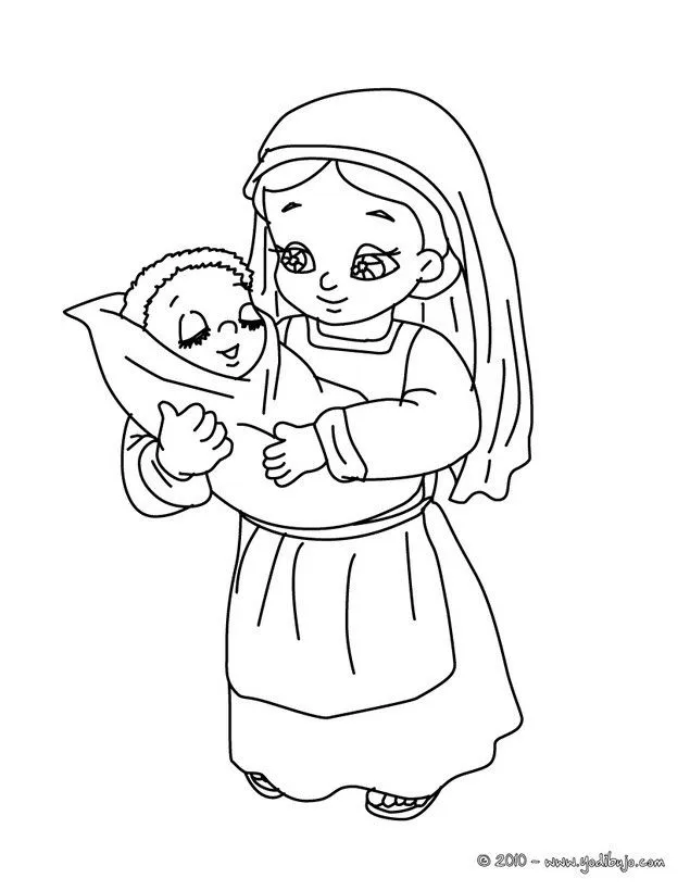 Dibujo de Navidad: una niña con elniño jesus para colorear