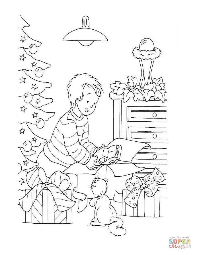 Dibujo de Niño abriendo Regalos de Navidad para colorear | Dibujos ...