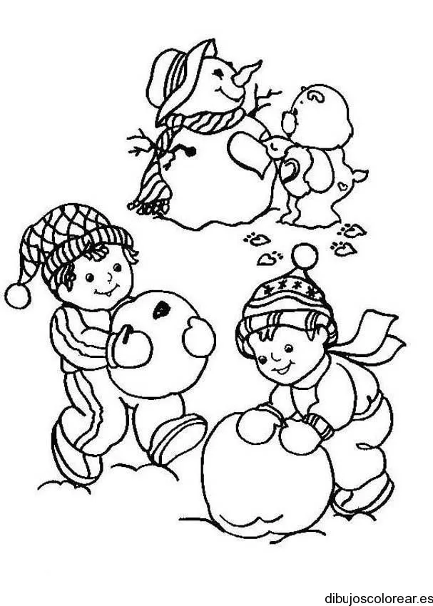 Dibujo de niños haciendo un hombre de nieve | Dibujos para Colorear