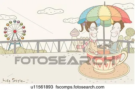 Dibujo - pareja, en, teacup, paseo, en, parque de atracciones ...