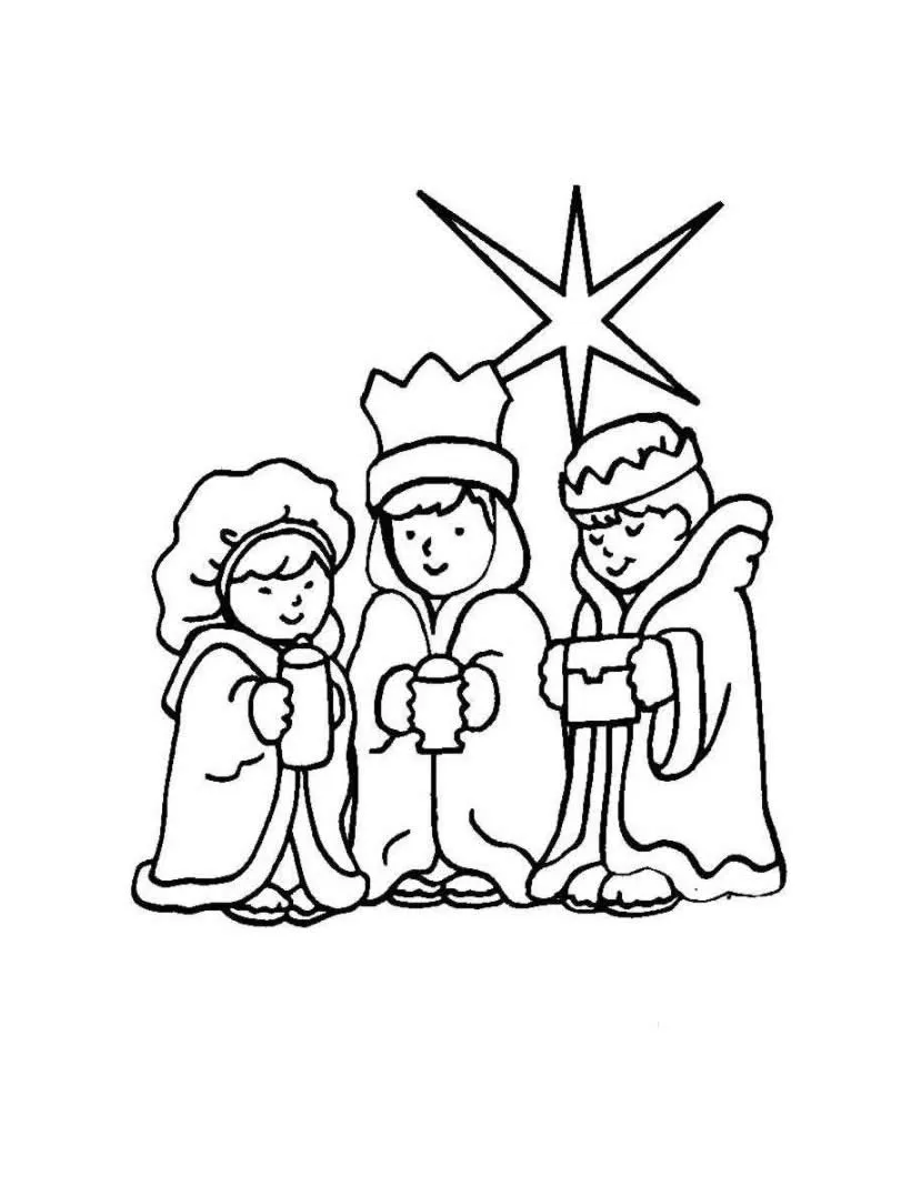 Dibujo de Navidad: los 3 reyes magos con el niño Jesús para colorear