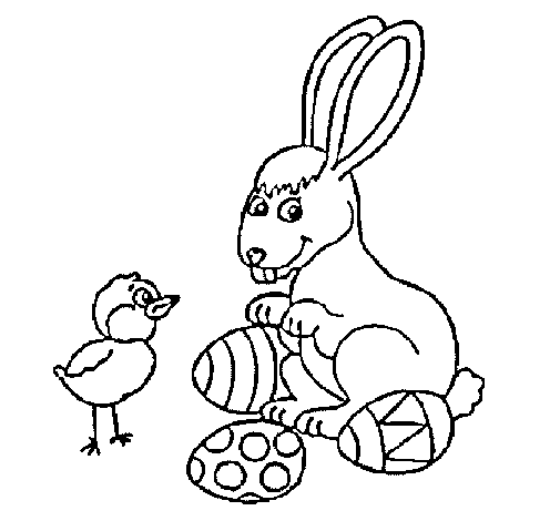 Dibujo de Pollito, conejito y huevitos para Colorear