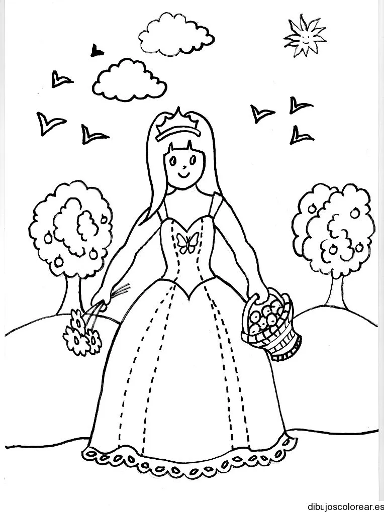 Dibujo de princesa con canasta de frutas | Dibujos para Colorear