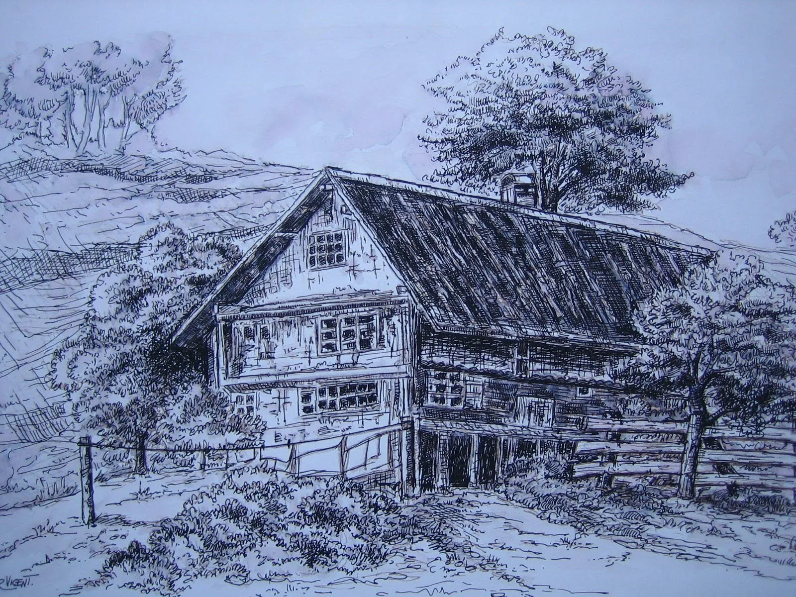 dibujo tinta y plumilla una vieja cabana o casa rural medio abandonada ...