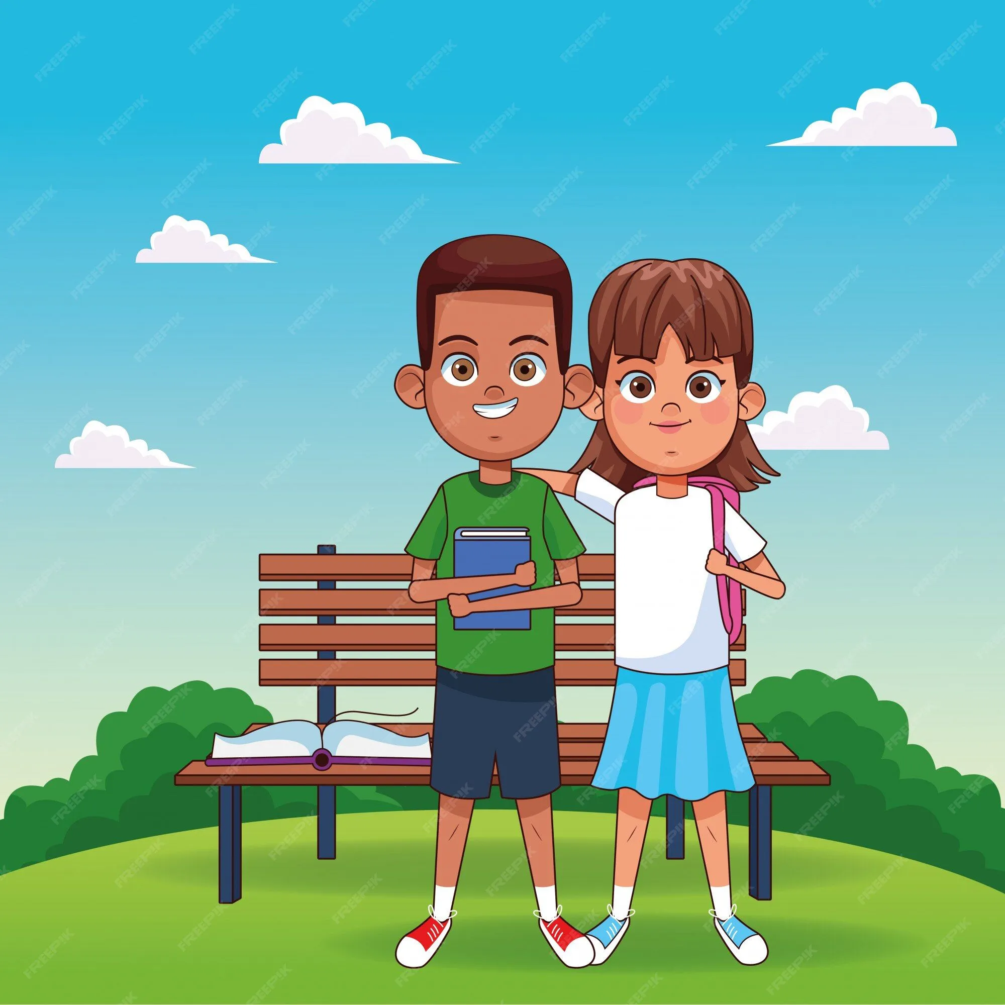 Dibujos animados feliz niña y niño de pie sobre el banco del parque y el  fondo del paisaje | Vector Premium