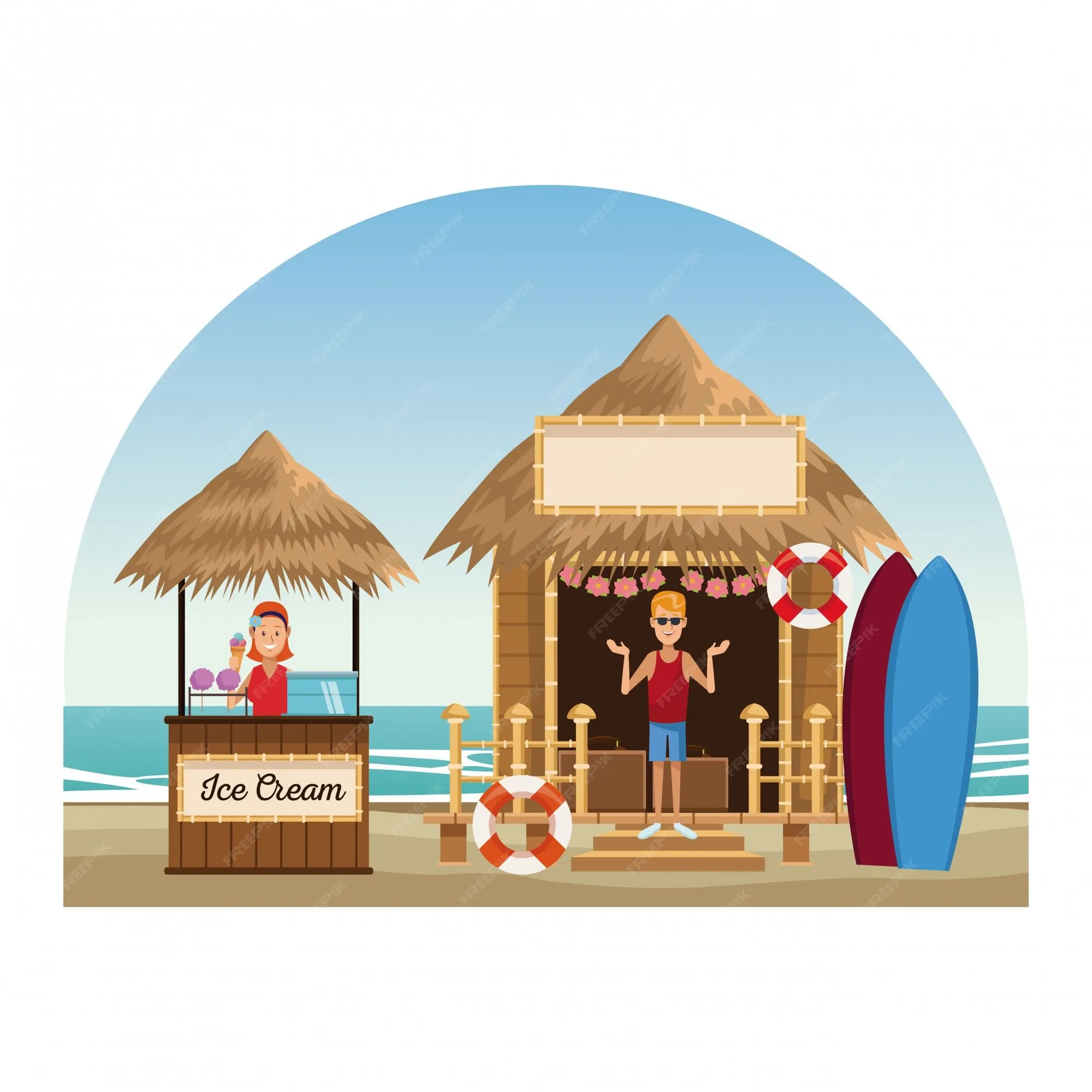 Dibujos animados de playa y kioscos | Vector Premium