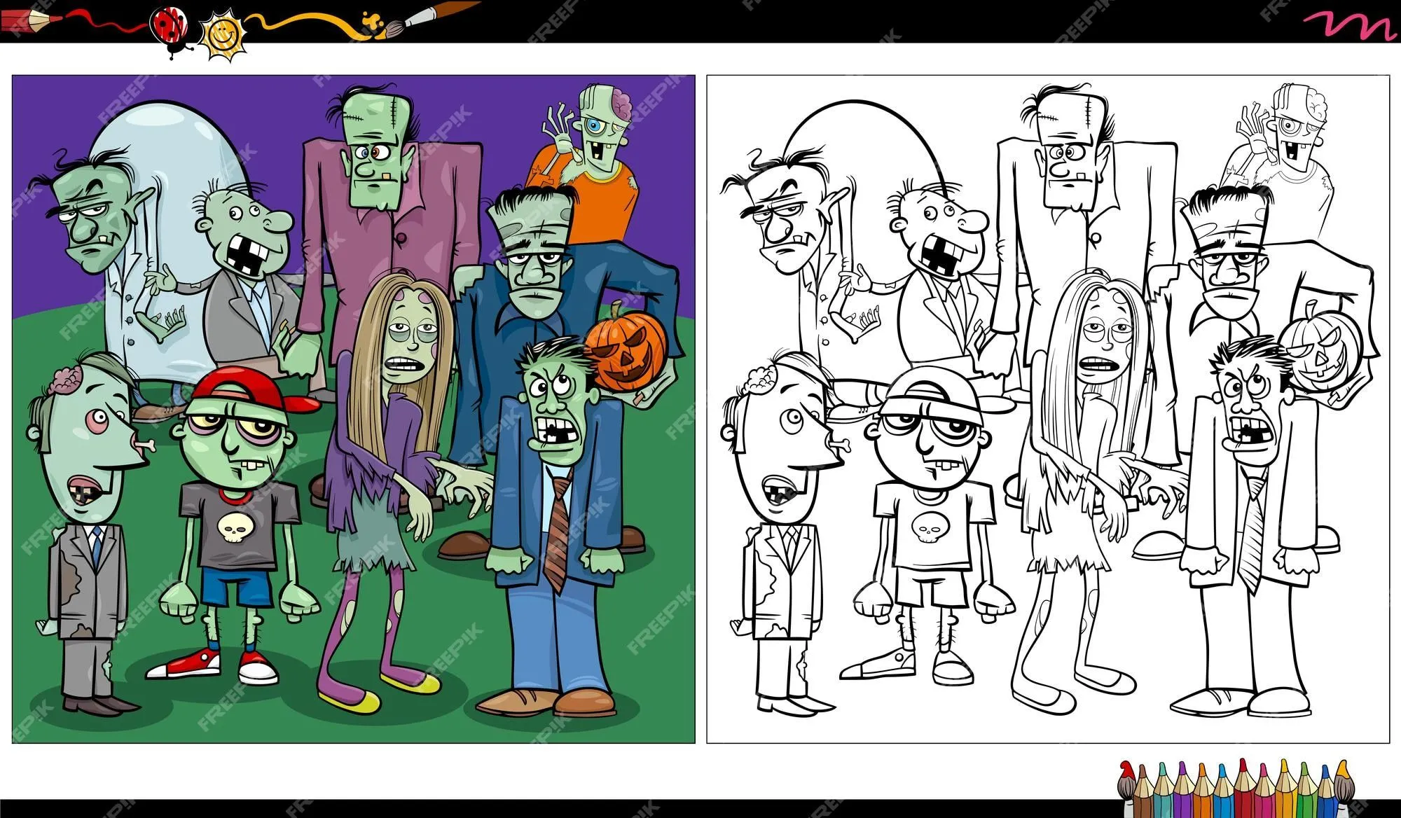 Dibujos animados de zombies fantasía o personajes de halloween página de  libro para colorear | Vector Premium