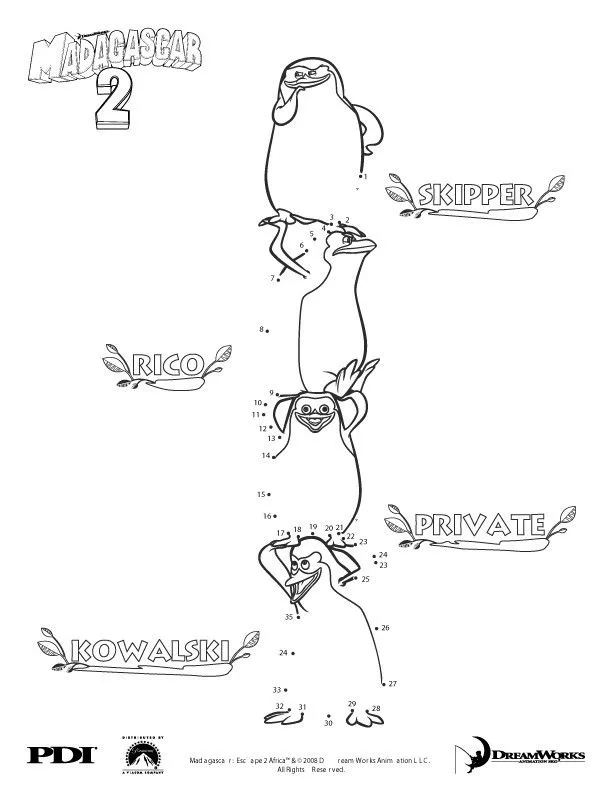 Dibujos para colorear y pintar MADAGASCAR - los pingüinos: Unir ...