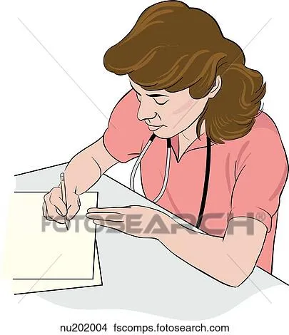 Dibujos - enfermera, sentar escritorio, escritura, arriba ...