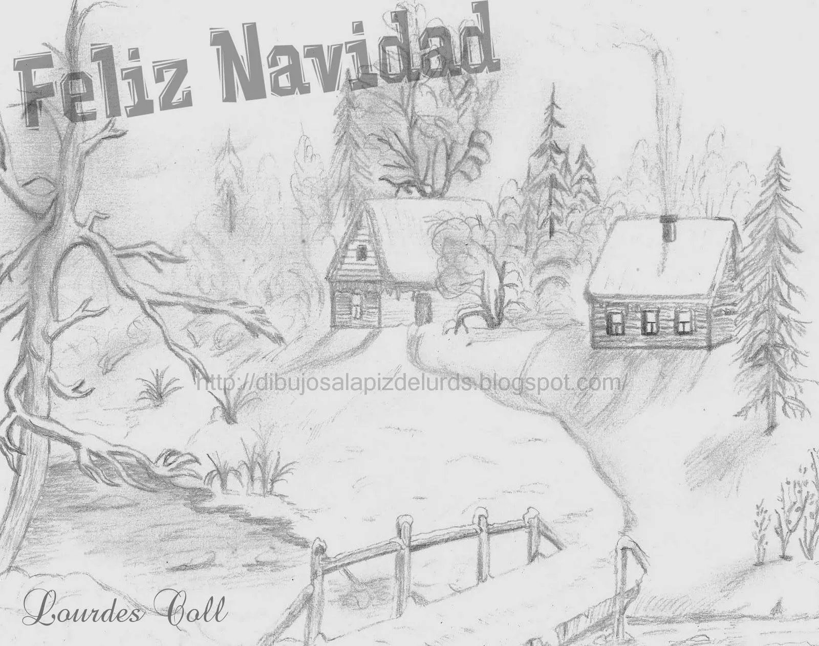 Mis dibujos a lápiz: Paisaje de invierno para felicitar la Navidad