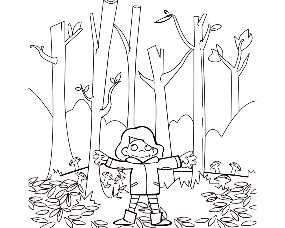 Imprimir dibujos para colorear : Niña en el bosque en otoño