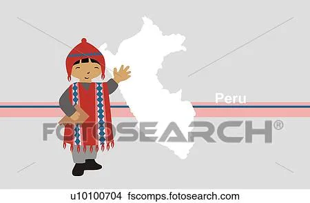 Dibujos - niño, en, ropa tradicional, delante de, el, mapa de perú ...