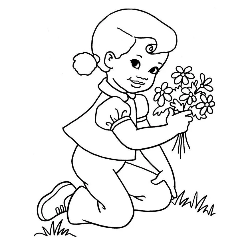 Dibujos de niño oliendo una flor para colorear