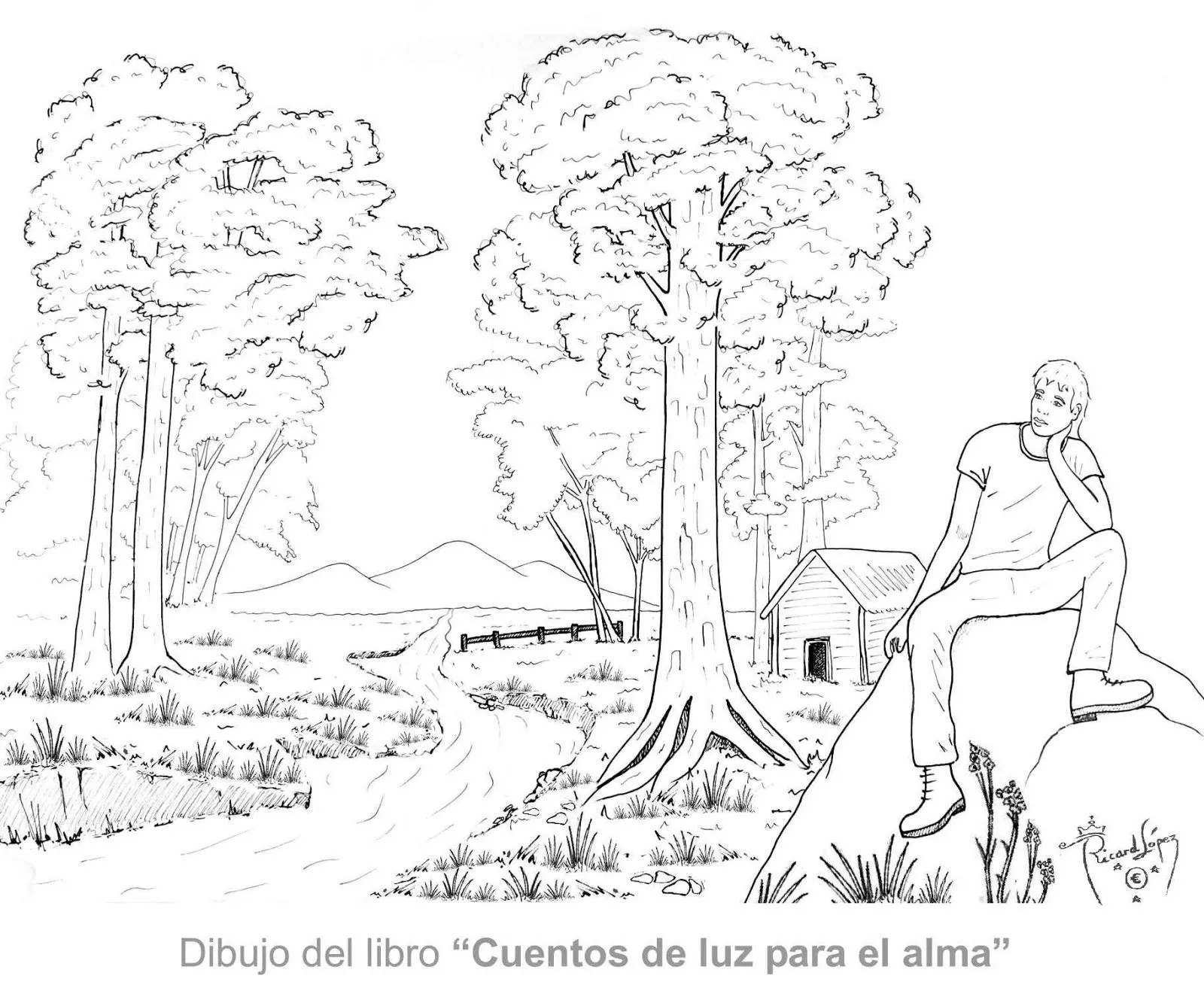 Dibujos muy originales para colorear: Dibujo de un chico en el bosque