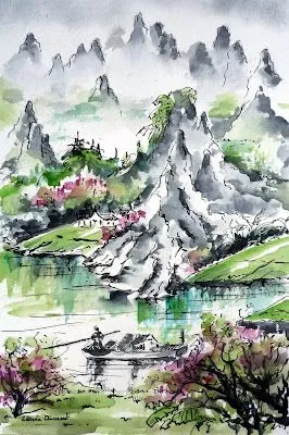 Dibujos de paisajes asiáticos en tinta china - Imagui