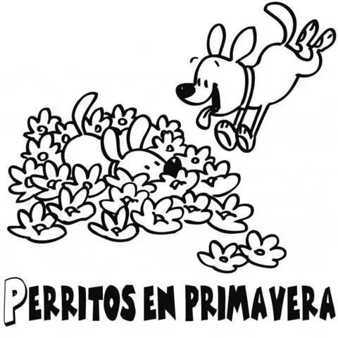 Imprimir dibujos para colorear : Perritos jugando en primavera